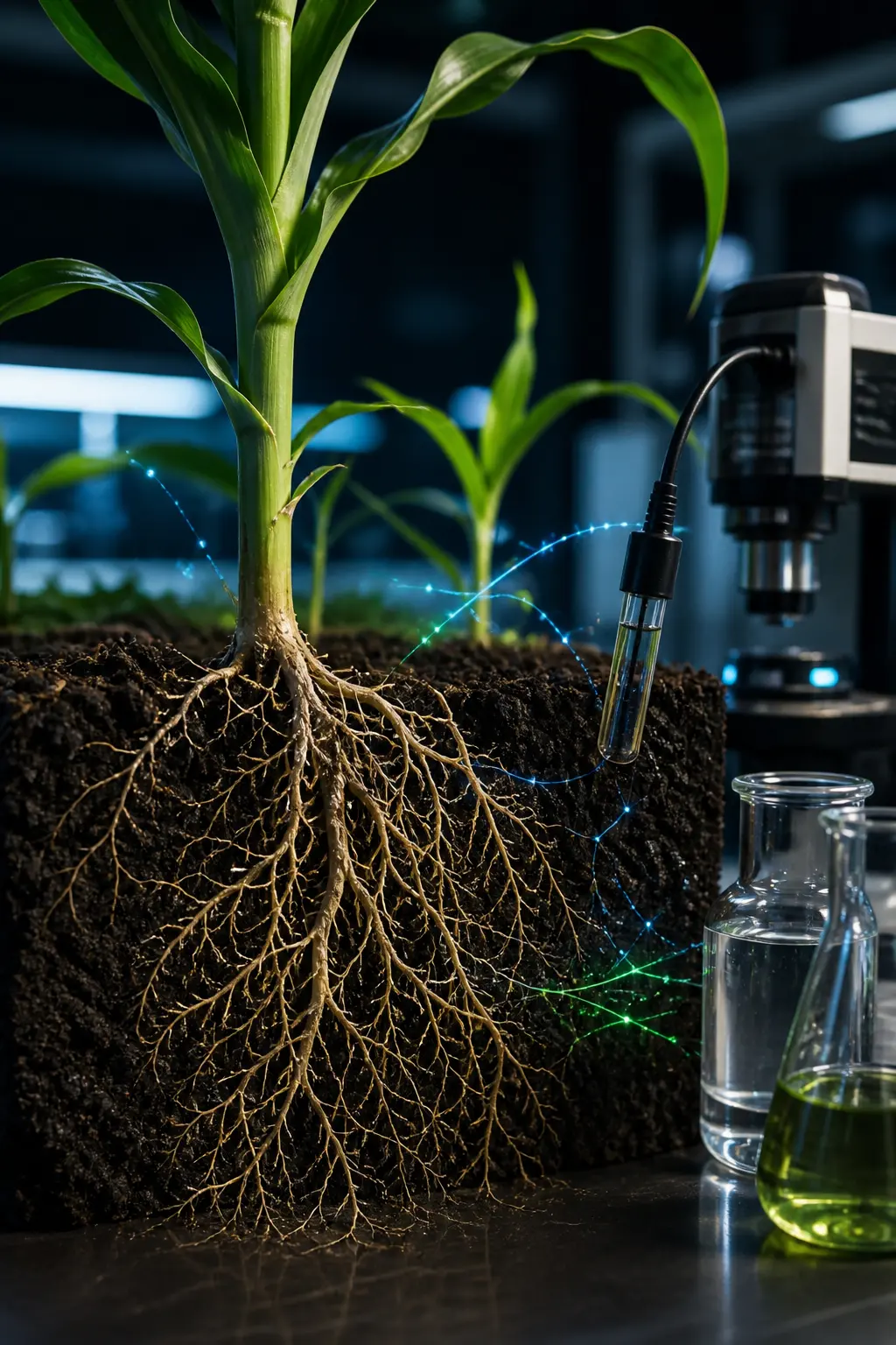 Agrónomo estudiando raíces y suelo en un cultivo de maíz