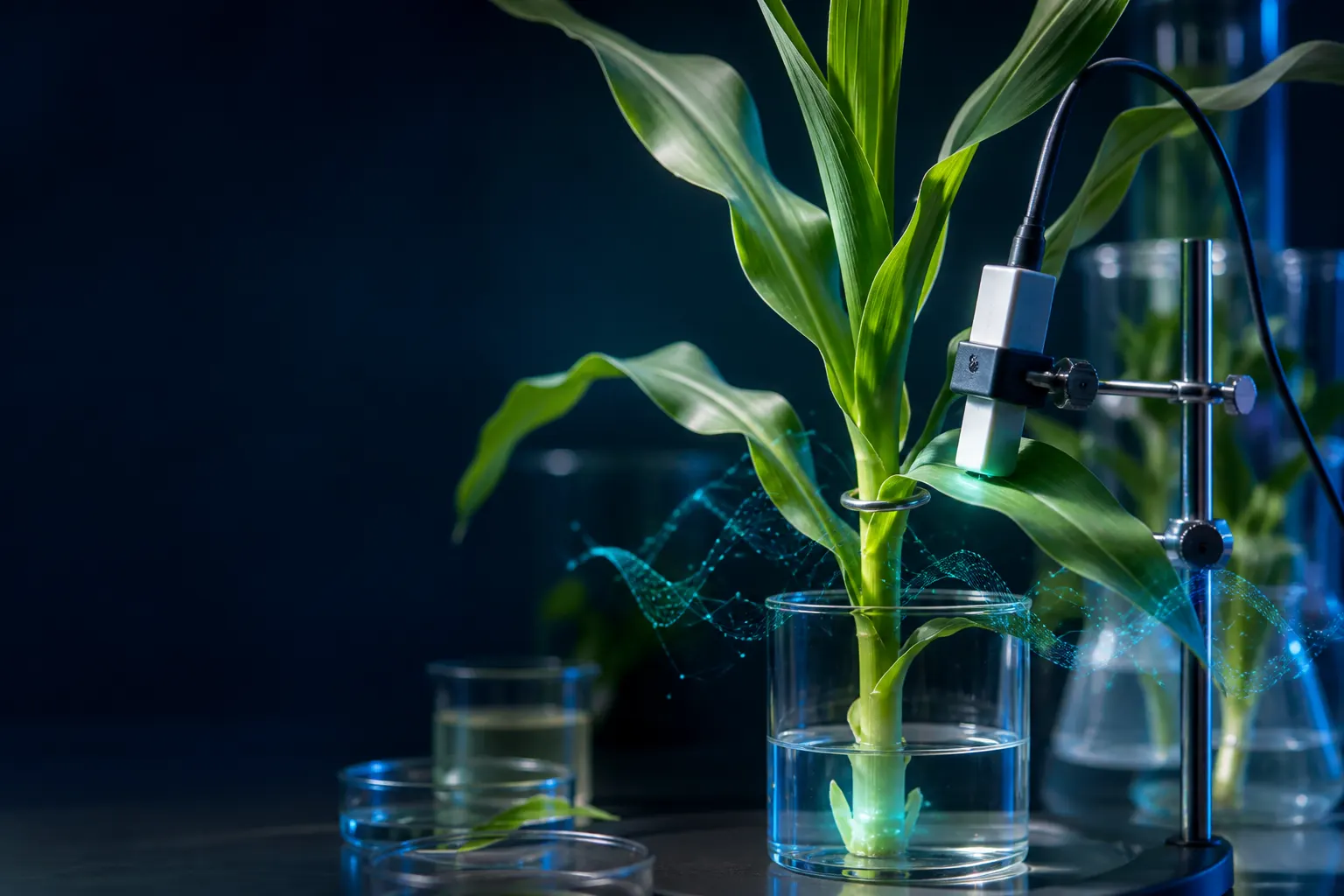 Medición tecnológica de fisiología vegetal sobre una planta de maíz