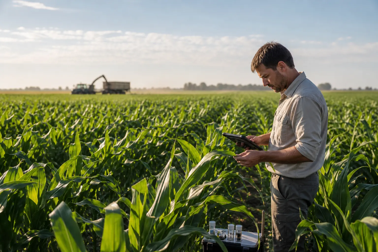 Agrónomo evaluando un cultivo de maíz en un lote productivo